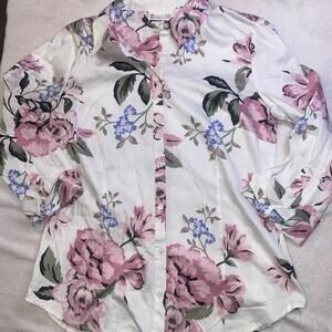 Womens Size Medium M Floral White Button Down Shirt 3/4 Sleeve 7th Avenue